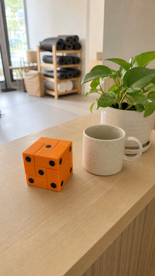 Dado quebra-cabeça Nigma I4 no balcão de um estúdio, ao lado de uma caneca e uma planta (imagem ilustrativa)