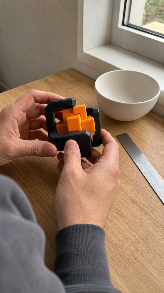 Mãos girando o cubo geométrico Nigma I5 sobre a mesa de trabalho (imagem ilustrativa)