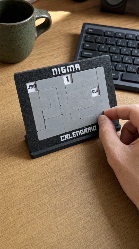 Resolvendo o calendário Nigma J7 na mesa, com café e teclado (imagem ilustrativa)