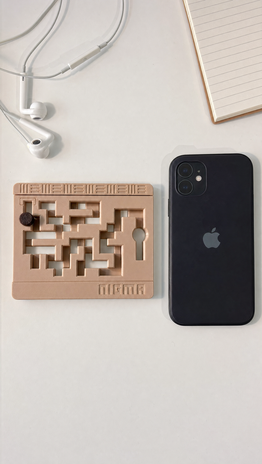 Nigma M1 na mesa ao lado do celular, para escala (imagem ilustrativa)