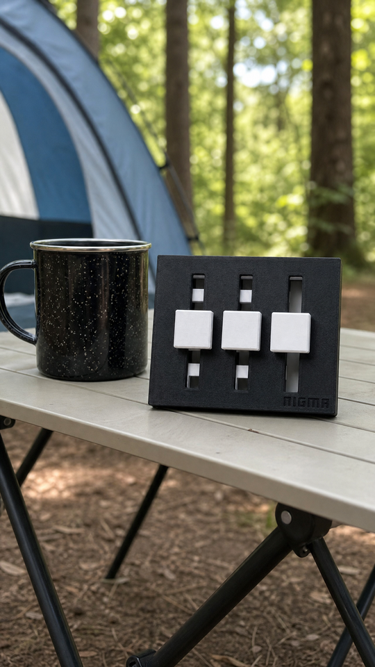 Labirinto tátil Nigma M5 na mesa de camping (imagem ilustrativa)
