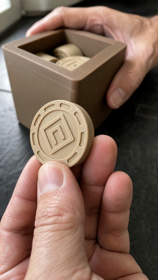 Macro de um disco creme do Nigma P2 entre os dedos, com as linhas de impressão 3D e o meandro em relevo visíveis