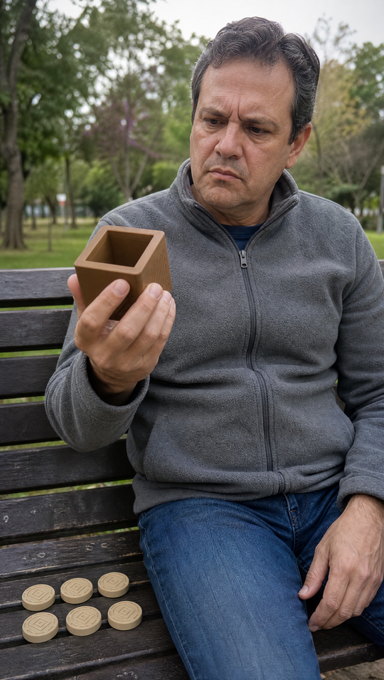 Homem no banco da praça segurando o cubo vazio do Nigma P2, com os seis discos ao lado