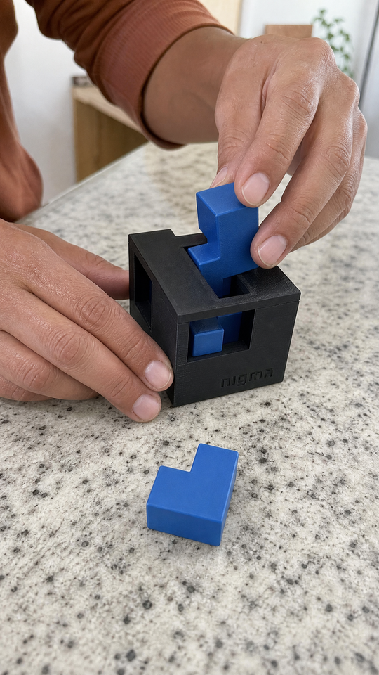 Macro das mãos encaixando uma peça azul na caixa preta do Nigma P6, com as linhas de impressão 3D visíveis