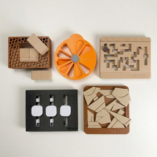 Quebra-cabeças mecânicos 3D do KIT Iniciante Nigma sobre a mesa