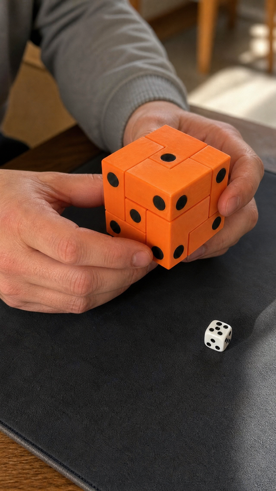 Mãos girando o dado quebra-cabeça Nigma I4 sobre a mesa de jogos, ao lado de um dado comum (imagem ilustrativa)