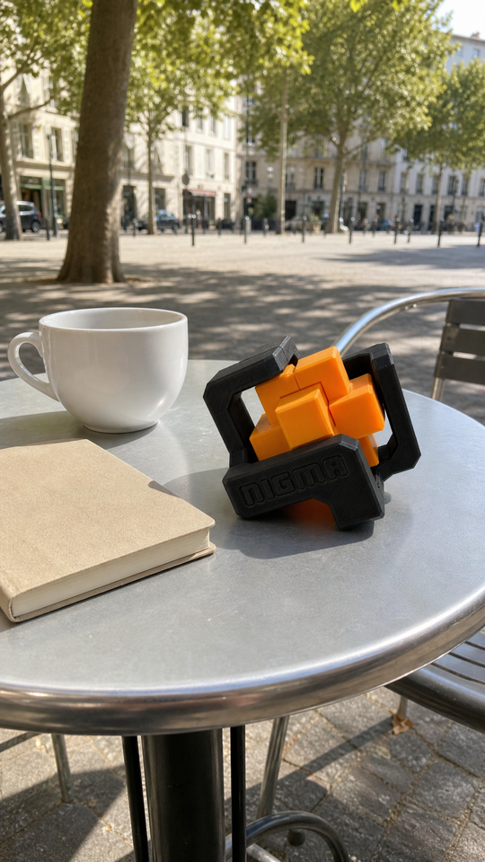 Cubo geométrico Nigma I5 na mesa de um café ao ar livre (imagem ilustrativa)