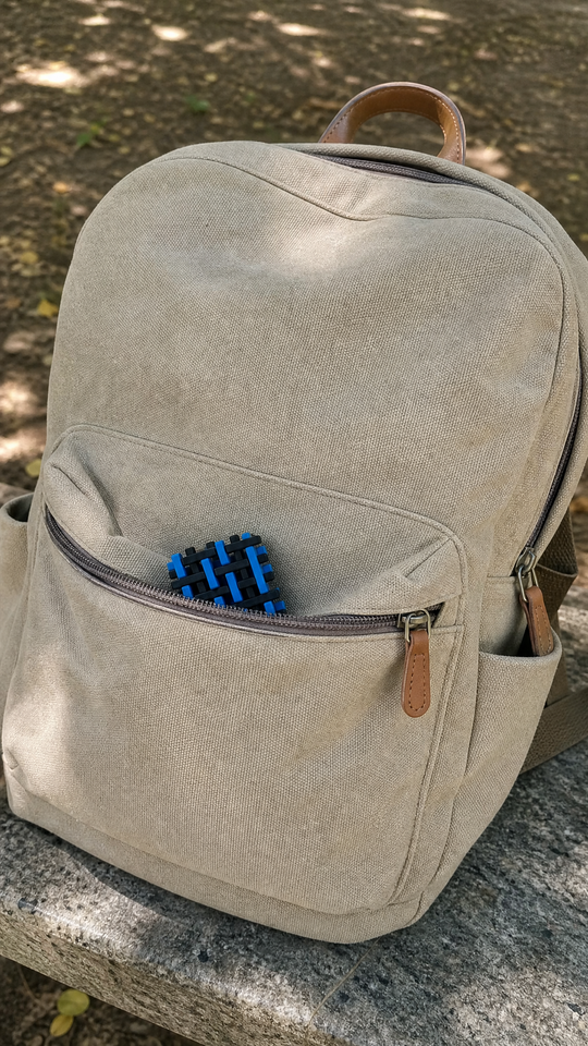 Grade intertravada Nigma I6 no bolso de uma mochila de lona sobre um banco (imagem ilustrativa)