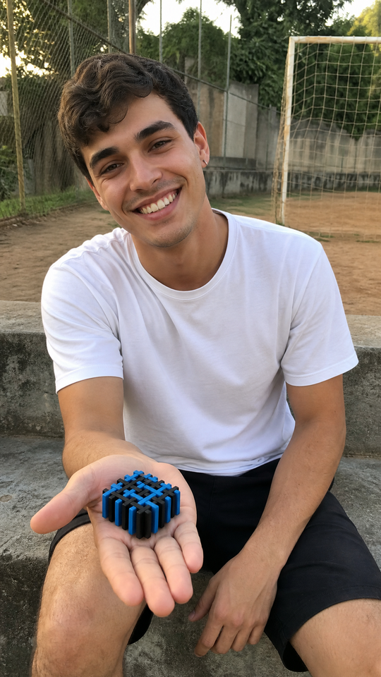 Jovem sorrindo num campo de várzea com a grade intertravada Nigma I6 na palma da mão (imagem ilustrativa)