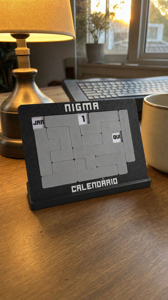 Calendário Nigma J7 em pé na mesa ao entardecer, com luminária (imagem ilustrativa)
