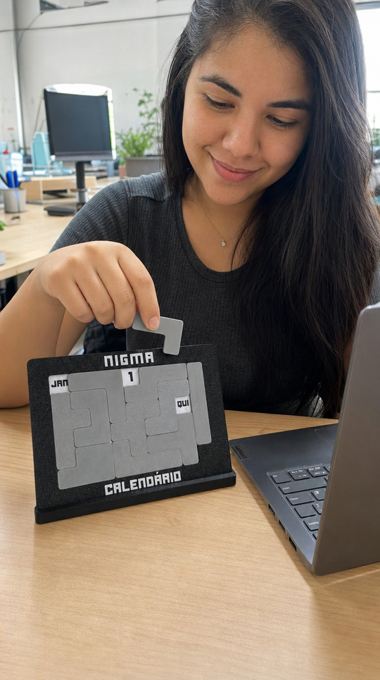 Colocando peça no calendário Nigma J7 no escritório, ao lado do laptop (imagem ilustrativa)