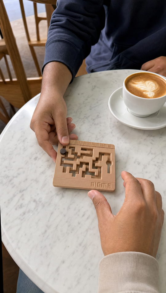 Nigma M1 no café, mesa de mármore entre amigos (imagem ilustrativa)