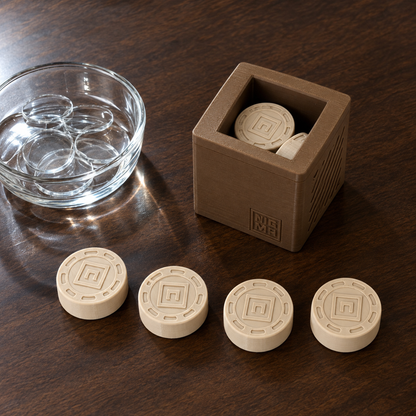 Nigma #P2 em bancada de nogueira ao lado de vidros de relógio, dois discos dentro e quatro na mesa