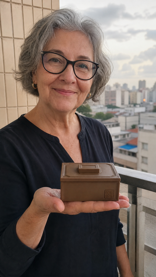 Mulher segurando a caixa fechada do Nigma P1 na palma da mão, na varanda