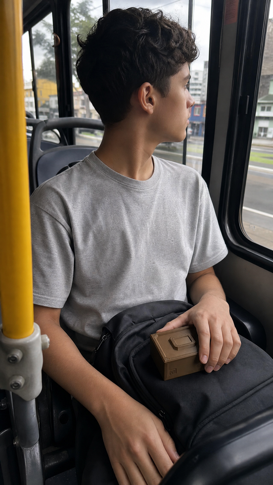 Adolescente com a caixa do Nigma P1 apoiada na mochila, dentro do ônibus