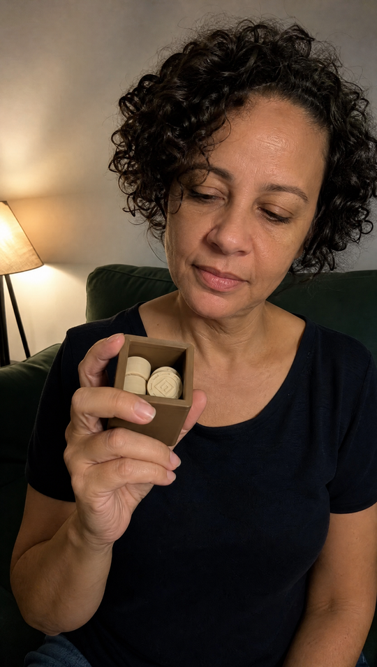 Mulher olhando dentro do cubo do Nigma P2 na sala à noite