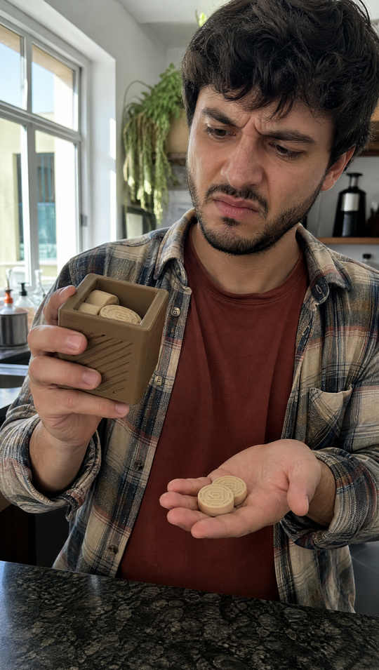 Homem franzindo a testa para o cubo do Nigma P2, com dois discos na palma da outra mão