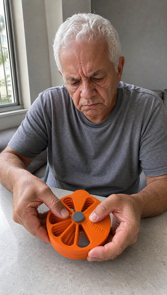 Homem girando os discos do Nigma P5 com os dois polegares, os vãos ainda desalinhados
